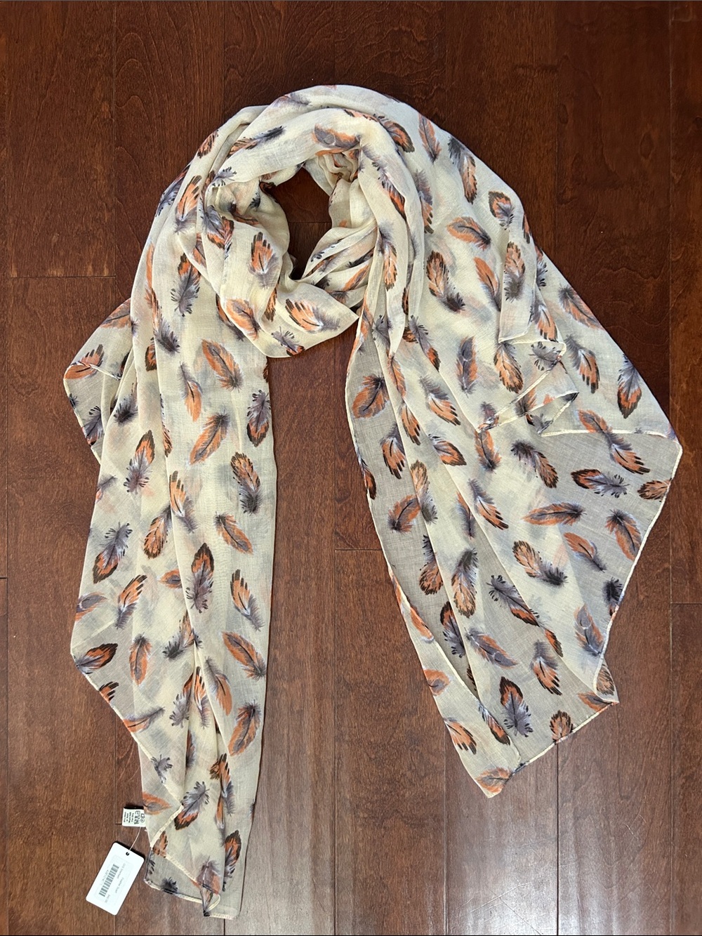 YogaWorks Oversized Lightweight Scarf, Orange & Gray Feathers, New With Tags